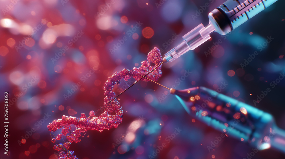 A syringe injects a liquid into a DNA structure amidst a shimmering, bokeh-effect background.