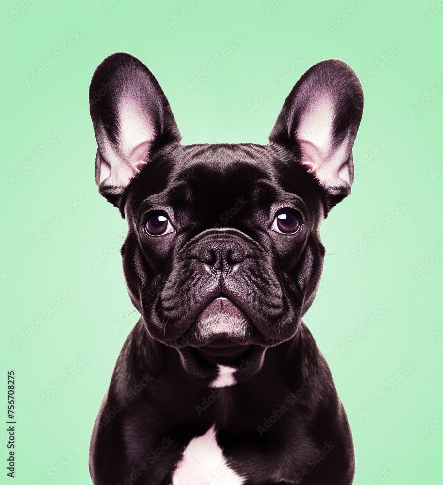 Funny original pet animal portrait for ID, cute little bulldog, dog posing as a human close up.