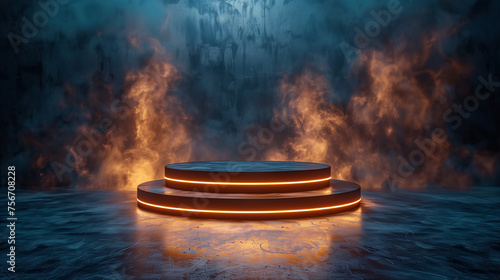 A stone round podium pedestal, glowing with orange light in the dark room full of smoke, had a fire background scene for a product presentation