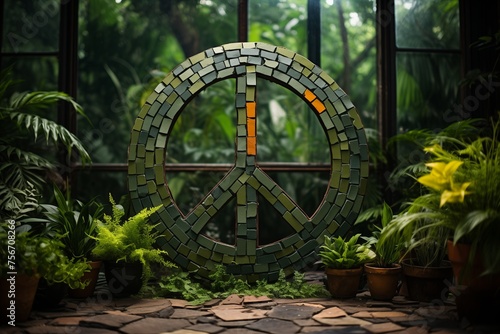 A peace sign created using vibrant stained glass  showcasing intricate design and colorful patterns.