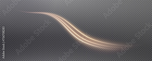 Vector png background with gold glowing lines. Gold glowing lines of speed. Light glow effect. Light trail wave, fire trail line and glow curve swirl.