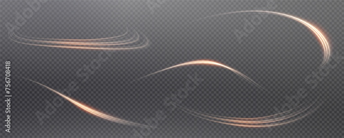 Vector png background with gold glowing lines. Gold glowing lines of speed. Light glow effect. Light trail wave, fire trail line and glow curve swirl. 