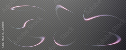 Vector png background with violet and pink glowing lines. Violet glowing lines of speed. Light glow effect. Light trail wave, fire trail line and glow curve swirl.