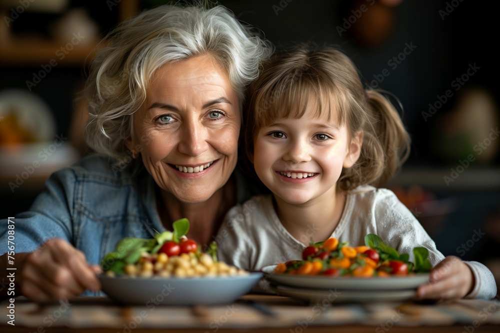 Granddaughter helps woman cook in bustling kitchen amidst ingredients