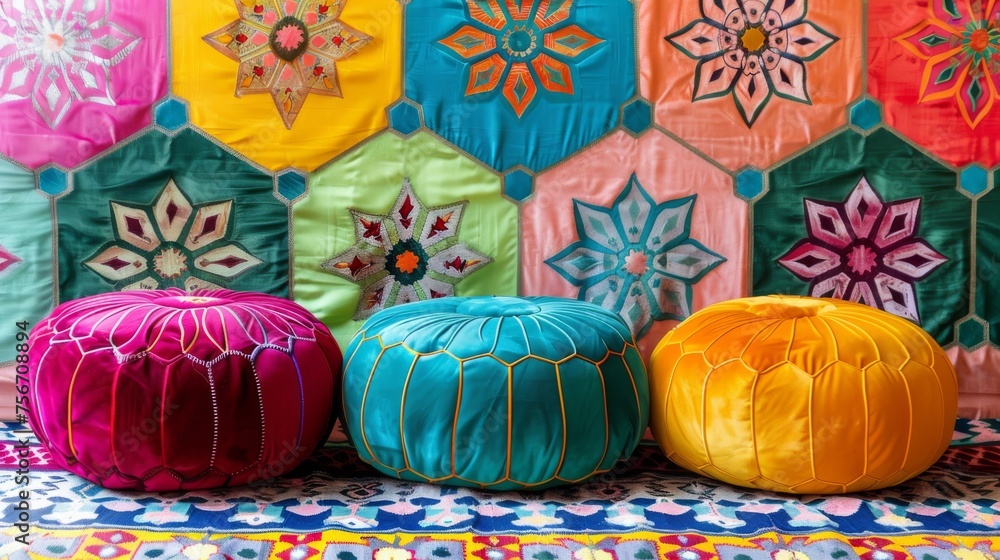 A group of vibrant poufles resting on a patterned rug in a harmonious arrangement
