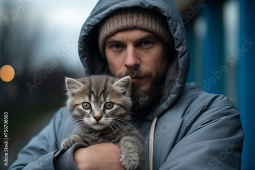 A man gently cradling a small kitten in his arms, showing care and affection towards the tiny feline.