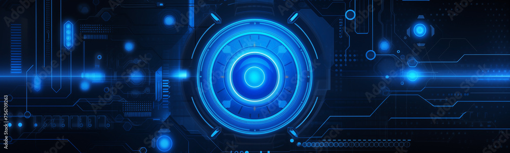 Futuristic blue circular portal in high-tech room for sci-fi banner