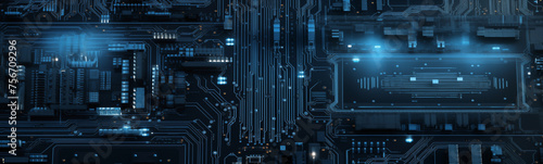 Futuristic blue circuit board background for high-tech sci-fi banner themes photo