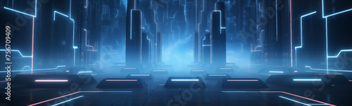 Futuristic sci-fi corridor banner with glowing red lights and mountainous backdrop