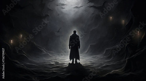 In a concept of lost dreams a figure stands in darkness