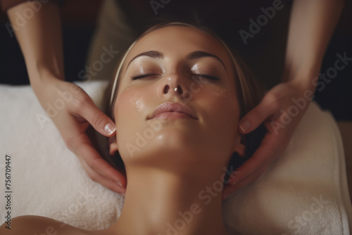 Woman enjoying a professional head massage at a spa