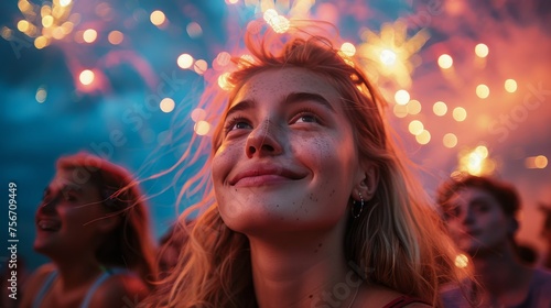 Woman Looking Up at Fireworks in the Sky
