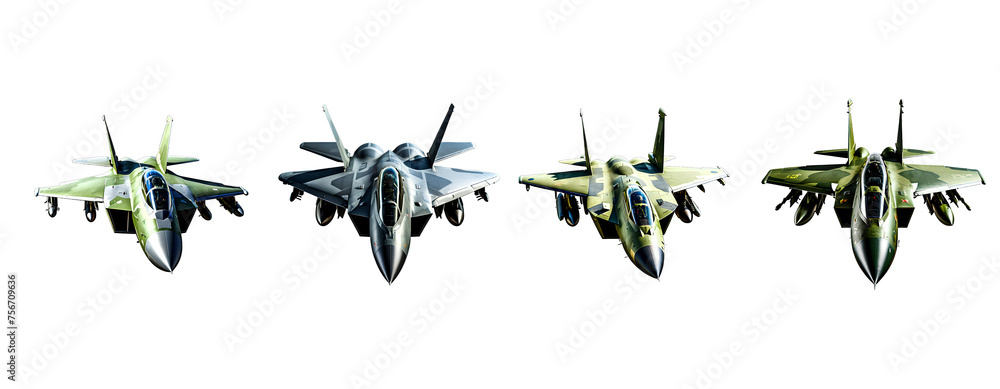A group of military jet fighters isolated on white transparent background. - obrazy, fototapety, plakaty 
