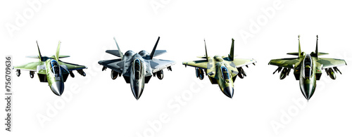A group of military jet fighters isolated on white transparent background.