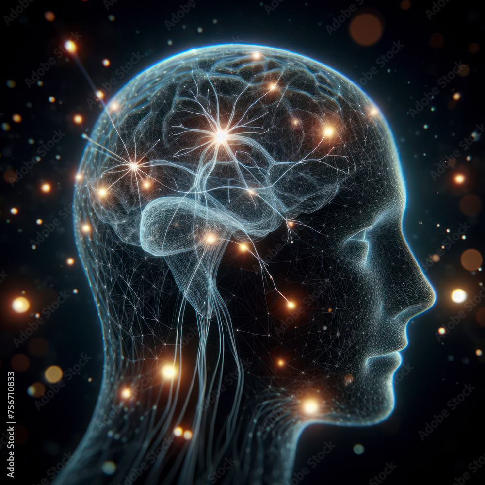Human head with glowing neurons on solid black background. ai generative Human head with glowing neurons on solid black background. ai generative