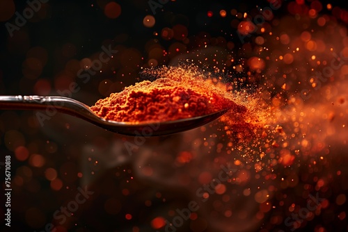 Hot Organic Red Pepper on a wooden spoon. Fresh and spicy red pepper with powder on a brown wooden spoon inside a studio with black background.