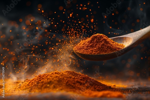 Hot Organic Red Pepper on a wooden spoon. Fresh and spicy red pepper with powder on a brown wooden spoon inside a studio with black background. photo
