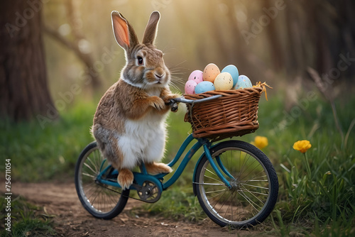 A cute cheerful rabbit holds an egg and rides a bicycle on the occasion of Easter celebration
