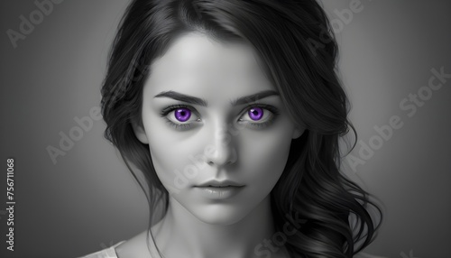 Black and white portrait of a woman with purple eyes