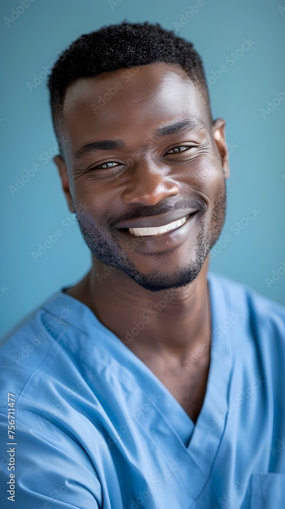 Compassionate Healthcare Workers Uplifting Smile Isolated on a Calm Blue Canvas Compassionate Healthcare Workers Uplifting Smile Isolated on a Calm Blue Canvas