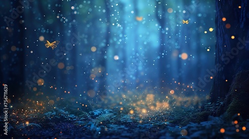 Abstract and magical image of Firefly flying in the night forest. Fairy tale concept. photo