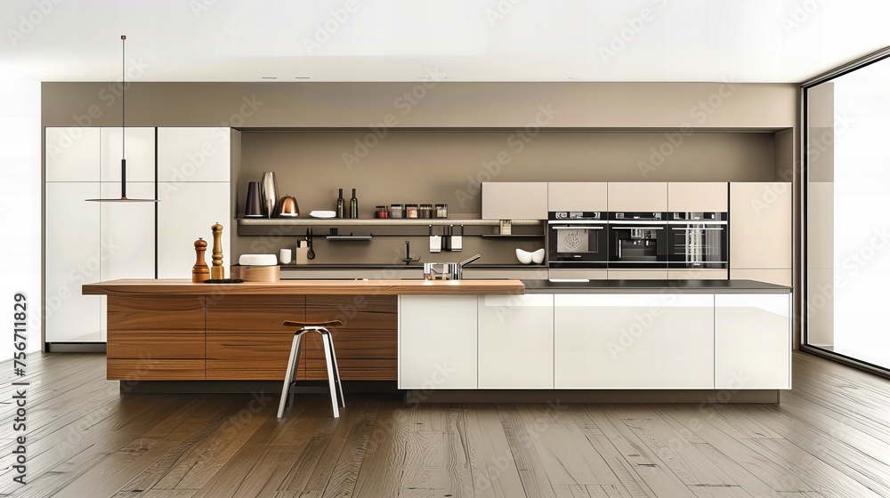 Elegant Modern Kitchen with White Cabinets, Wooden Flooring, and Stylish Dining Area for Comfortable Living Elegant Modern Kitchen with White Cabinets, Wooden Flooring, and Stylish Dining Area for Comfortable Living