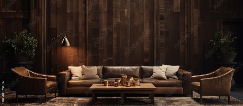 Cozy seating area with rustic wood-panelled walls Cozy seating area with rustic wood-panelled walls
