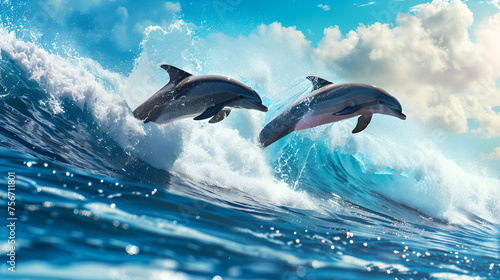 Bottlenose dolphins (Tursiops truncatus) leaping out of sea Jumping Bottlenosed Dolphins Common Dolphins leaping, Generative Ai