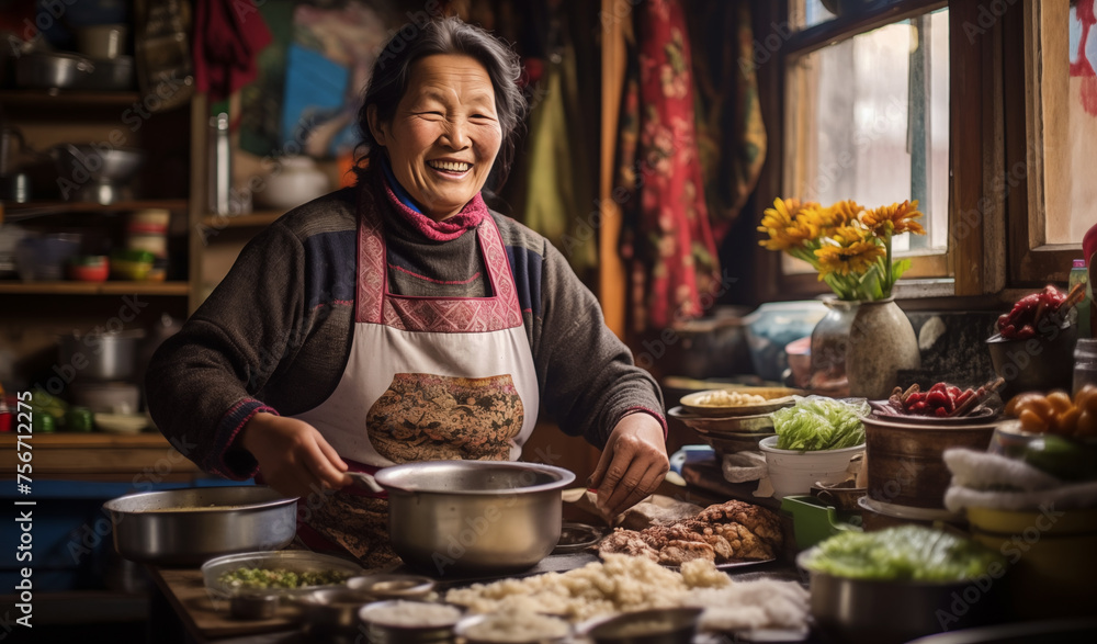 Small Nepalese village local woman portrait. She cooking traditional dish and cheerfully smiling. Local Sherpa people, travel destinations and food preparing concept Small Nepalese village local woman portrait. She cooking traditional dish and cheerfully smiling. Local Sherpa people, travel destinations and food preparing concept
