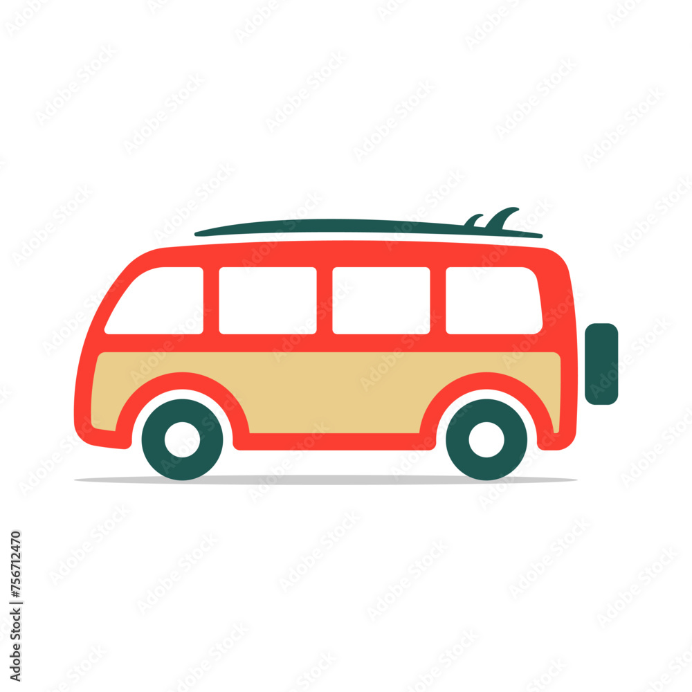 Minivan and surfboard icon. Camper, minibus. Colored silhouette. Side view. Vector simple flat graphic illustration. Isolated object on a white background. Isolate.