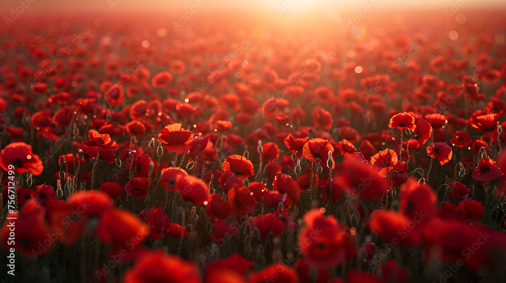 landscape of a poppy field at sunset, Beautiful red poppies, Blooming field of red flowers, Red poppies in field at sunset, Generative AI - obrazy, fototapety, plakaty 