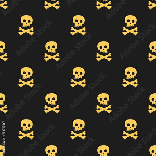 Small yellow skulls and crossbones isolated on a black background. Monochrome seamless pattern. Vector simple flat graphic illustration. Texture.