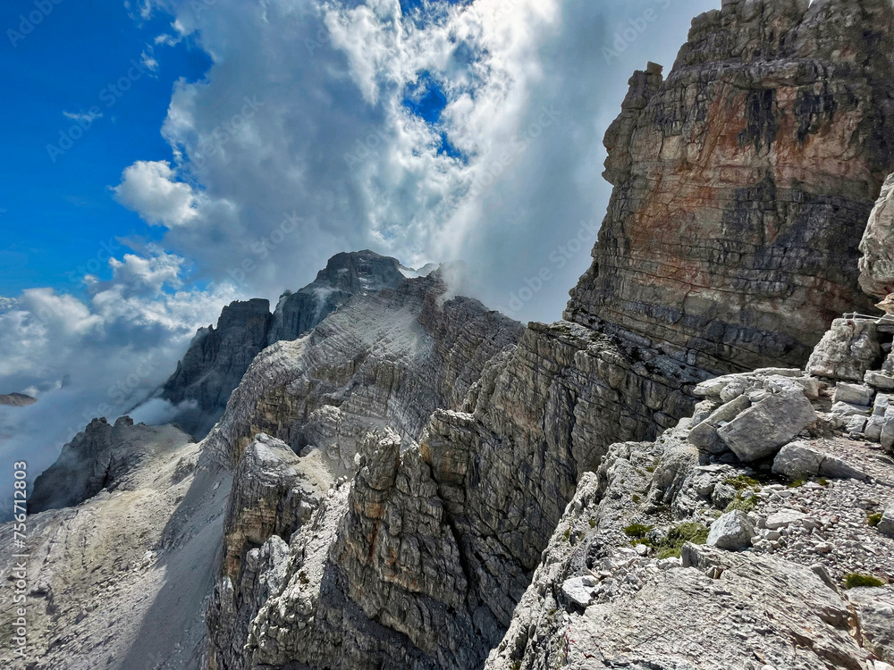 Fototapeta premium Dolomite Thrills: Via Ferrata Exploration in Adamello Brenta, Bocchette, Dolomites