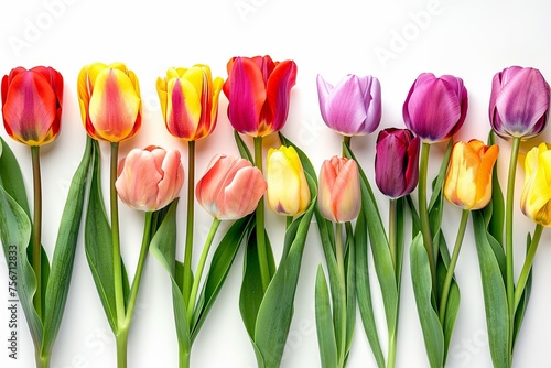 row of colorful tulip flowers  on an isolated white background. generative ai