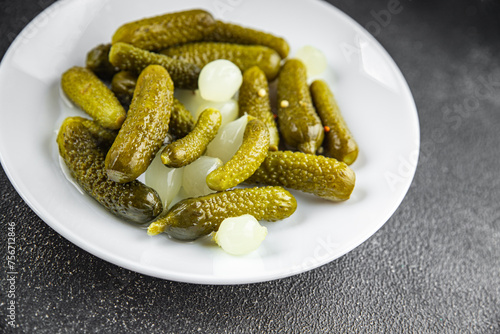 gherkin pickled cucumber fresh food tasty eating cooking appetizer meal food snack on the table copy space food background rustic top view