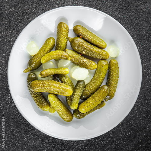 gherkin pickled cucumber fresh food tasty eating cooking appetizer meal food snack on the table copy space food background rustic top view