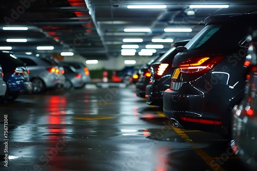 A big underground garage filled with parked cars