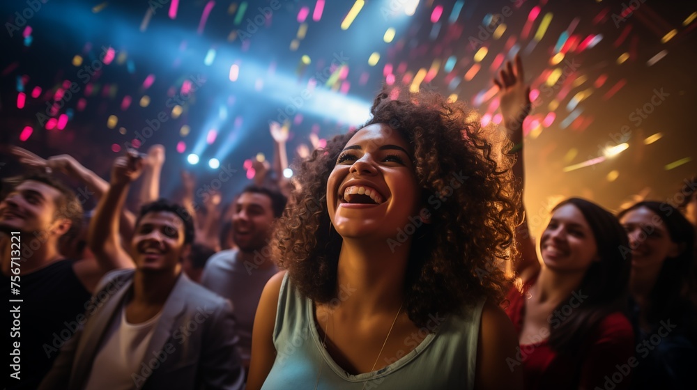 woman feeling joyful  being among people dancing in the nightclub