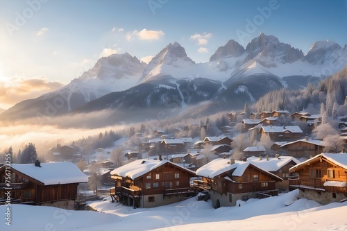 Beautiful Small Village surrounded by Mountains During Winter