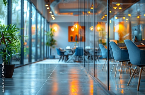 A conference room in a building with tables, chairs, and many windows