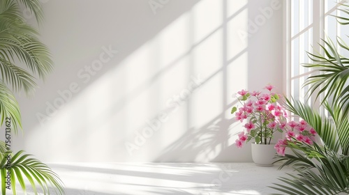 white studio room with palm trees , flowers background minimalism