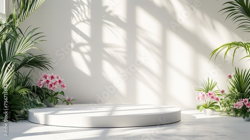 white studio room with palm trees , flowers background minimalism © Damerfie