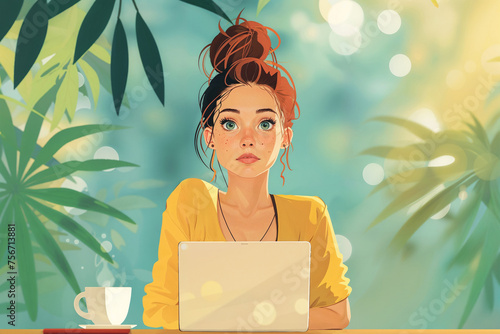 woman thinking as she works from home on her laptop with a plant themed background © Charlie