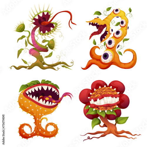 Carnivorous plant set, monster plants. Vector fantasy scary flower icons. Cartoon flytraps or flower predators. Angry flowers with teeth.