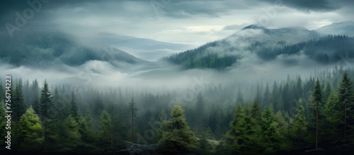 A misty forest with rolling mountains in the background, creating a serene natural landscape. Clouds hang low in the sky, adding a mystical touch to the scene