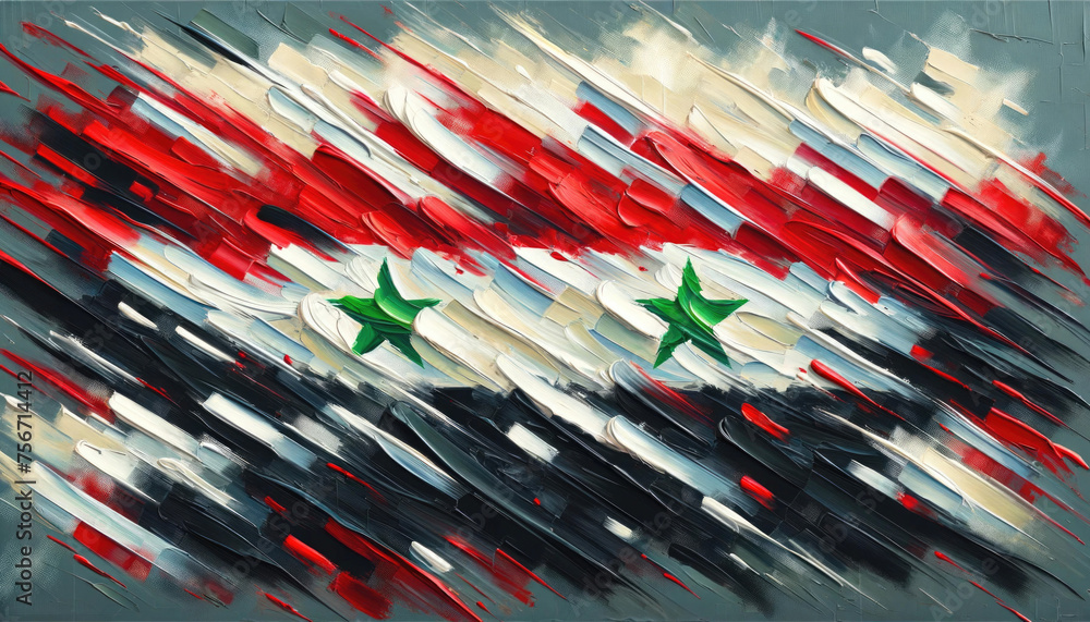 Fototapeta premium Artistic rendition of the Syrian flag with dynamic brush strokes in an abstract style.