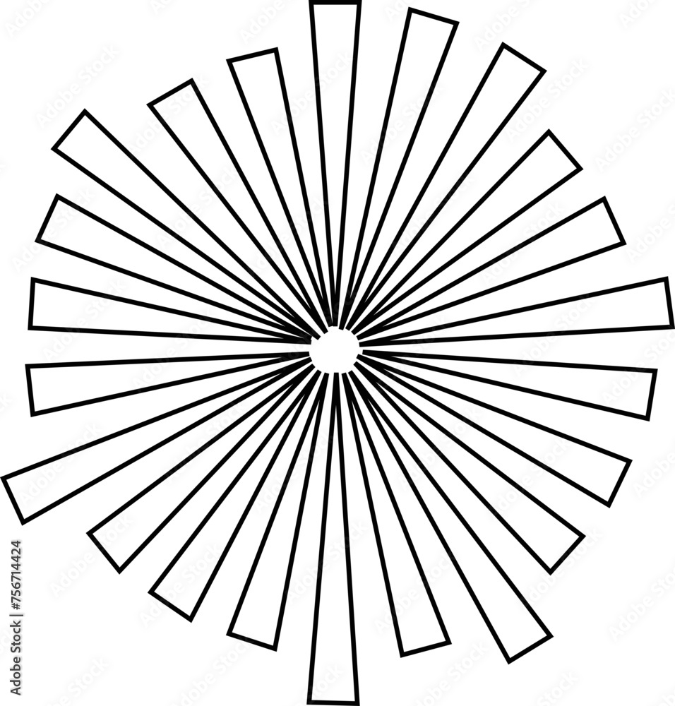 Obraz premium Sunburst element radial stripes or sunburst backgrounds icons of rays design. Retro stars black line vector isolated on transparent. Editable stock geometric sunburst symbol.