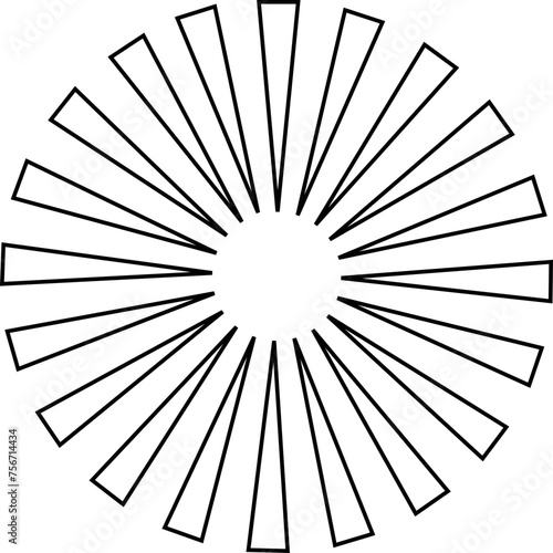 Sunburst element radial stripes or sunburst backgrounds icons of rays design. Retro stars black line vector isolated on transparent. Editable stock geometric sunburst symbol.