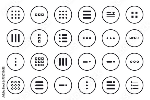Menu button icon set symbol. Hamburger Menu Flat Icons. Menu Icons Vector Set of UI Design Elements. Hamburger or burger line app menu for home or drop list