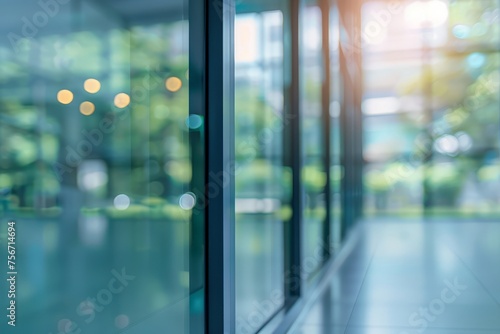 A blurred view of a hallway with glass doors in a modern business office building at the business center.